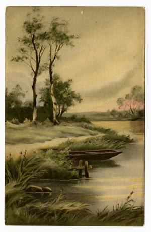 Primary view of object titled '[Postcard of Boat at Edge of Pond]'.