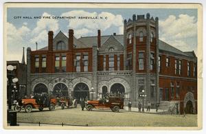 Primary view of object titled '[Postcard of City Hall and Fire Department in Asheville]'.