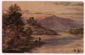 Primary view of object titled '[Postcard of Two Men Fishing Near Castle]'.