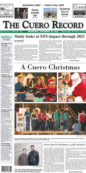 Primary view of object titled 'The Cuero Record (Cuero, Tex.), Vol. 118, No. 2, Ed. 1 Wednesday, November 28, 2012'.