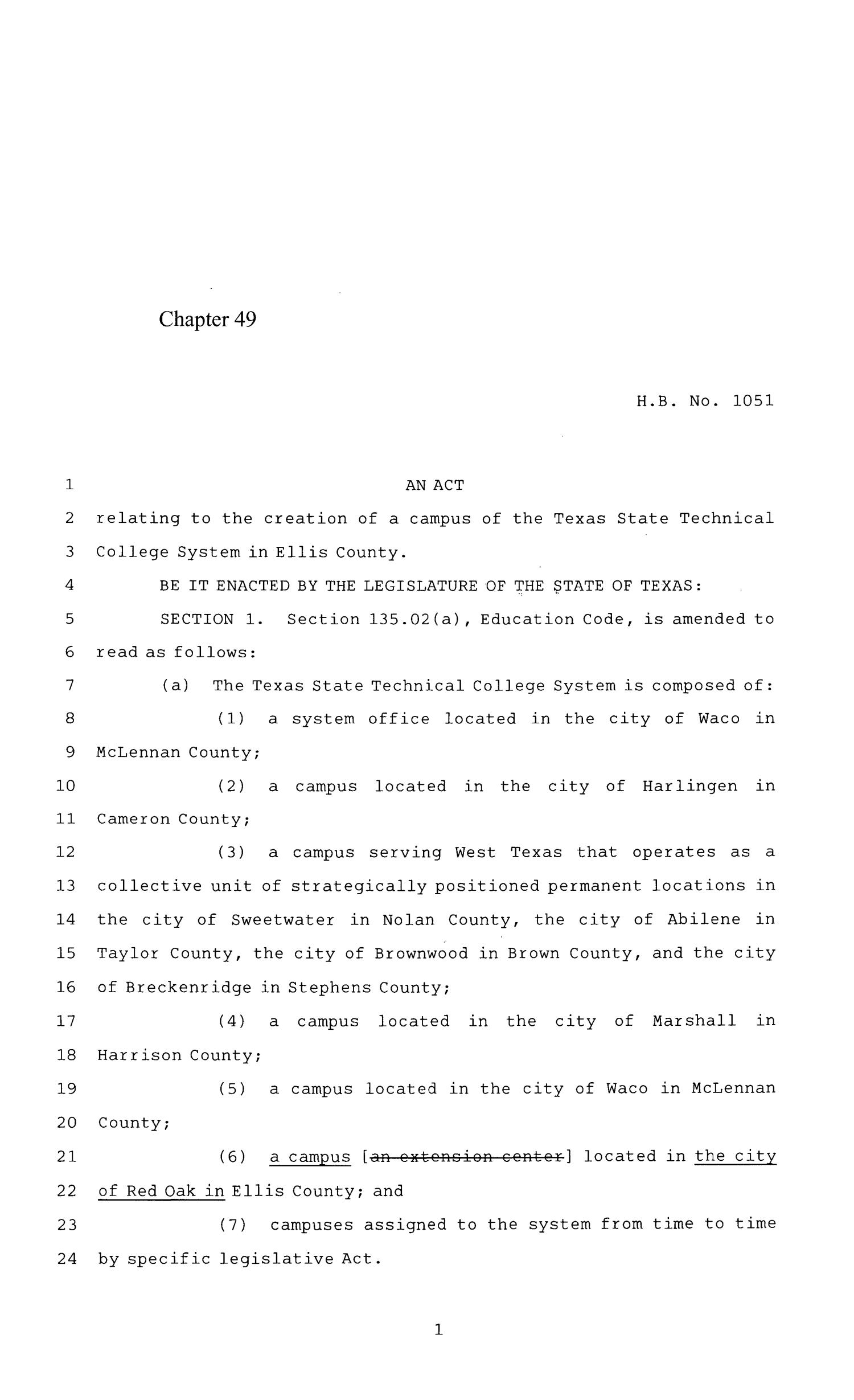 84th Texas Legislature, Regular Session, House Bill 1051, Chapter 49
                                                
                                                    [Sequence #]: 1 of 12
                                                