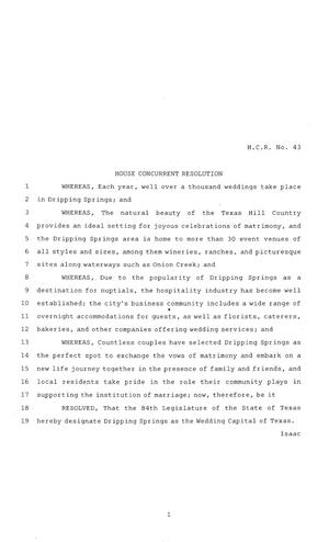Primary view of object titled '84th Texas Legislature, Regular Session, House Concurrent Resolution 43'.