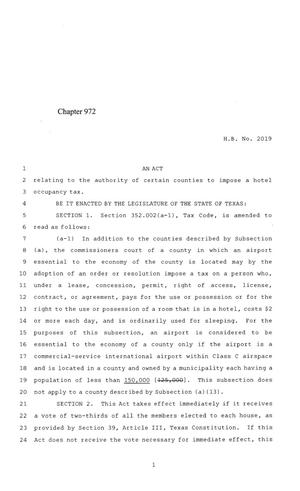 Primary view of object titled '84th Texas Legislature, Regular Session, House Bill 2019, Chapter 972'.