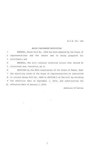 Primary view of object titled '84th Texas Legislature, Regular Session, House Concurrent Resolution 144'.