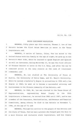 84th Texas Legislature, Regular Session, House Concurrent Resolution 116