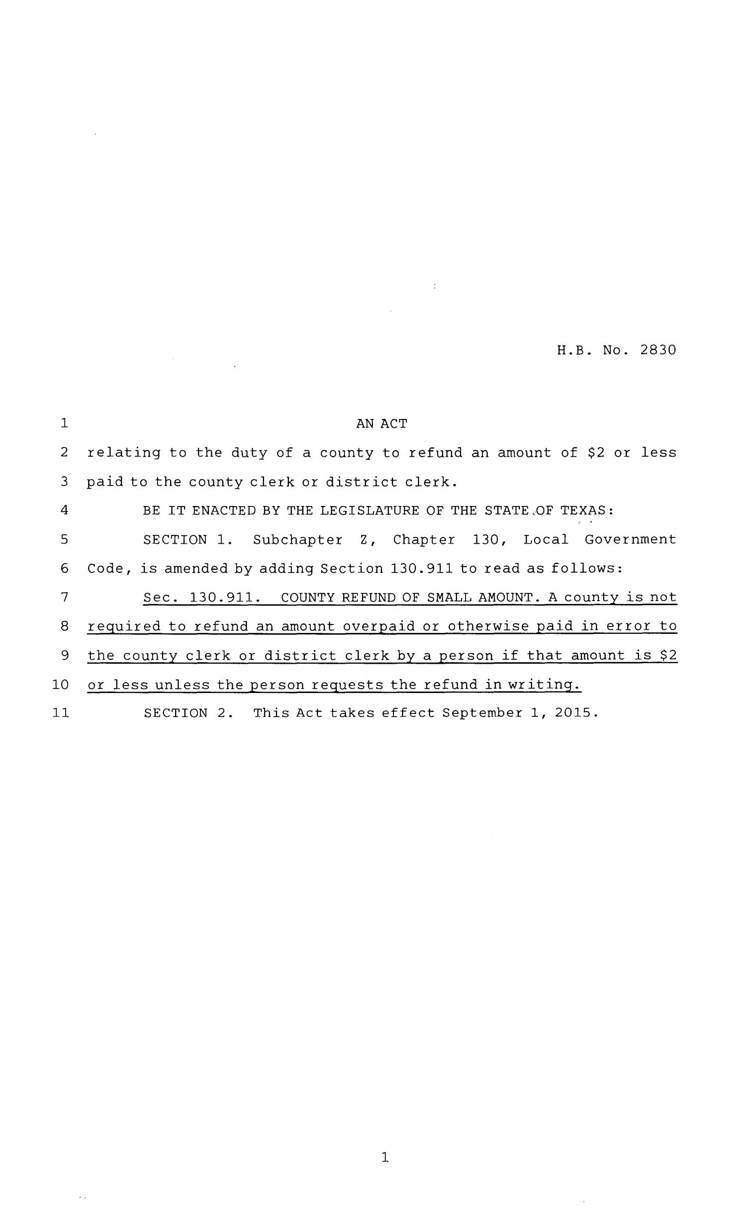 84th Texas Legislature, Regular Session, House Bill 2830
                                                
                                                    [Sequence #]: 1 of 6
                                                