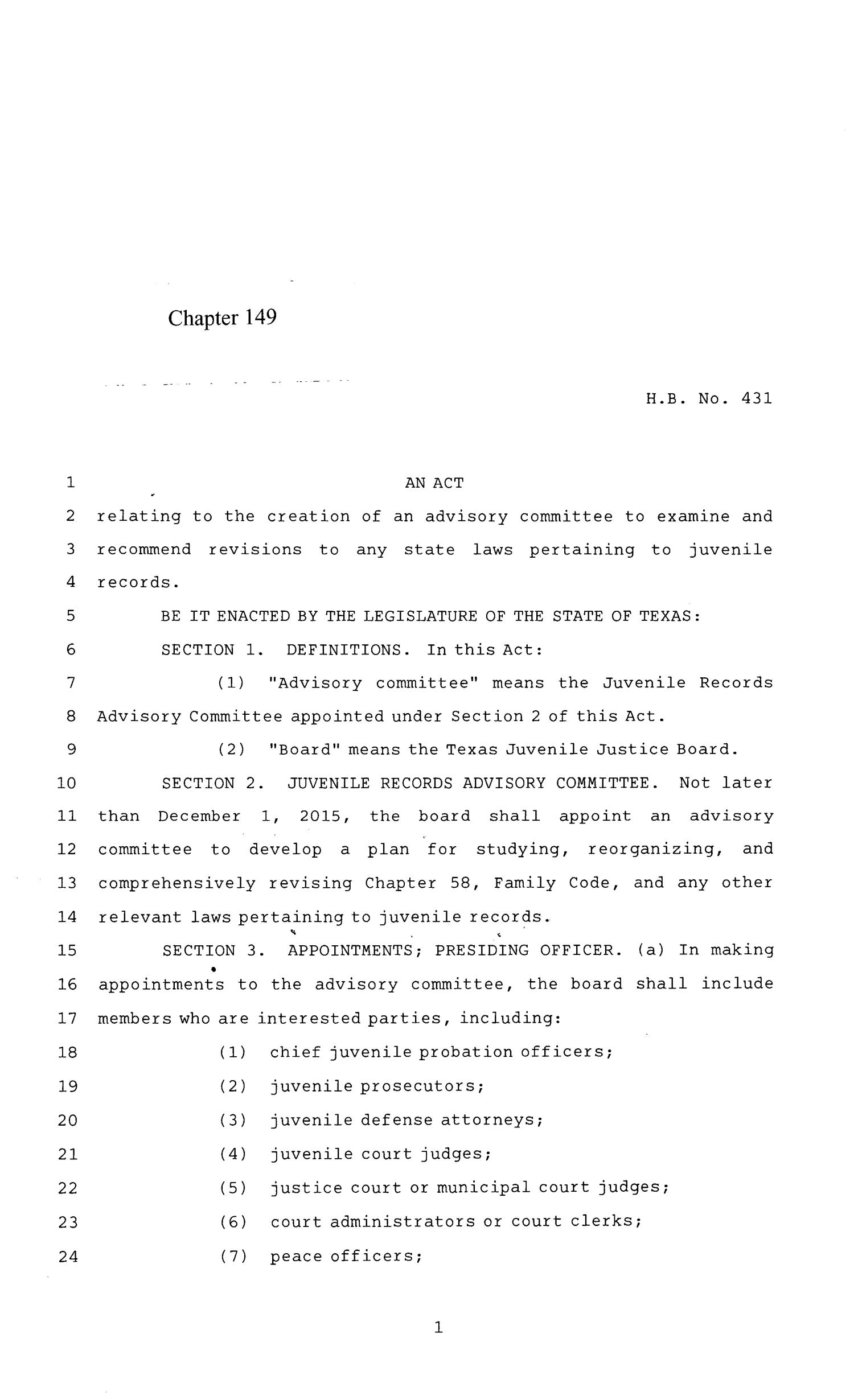 84th Texas Legislature, Regular Session, House Bill 431, Chapter 149
                                                
                                                    [Sequence #]: 1 of 7
                                                
