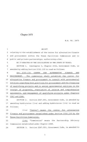 Primary view of object titled '84th Texas Legislature, Regular Session, House Bill 2475, Chapter 1075'.