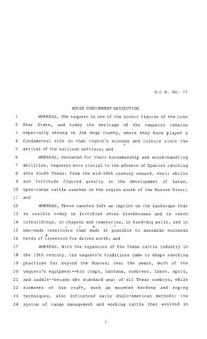 Primary view of object titled '84th Texas Legislature, Regular Session, House Concurrent Resolution 77'.