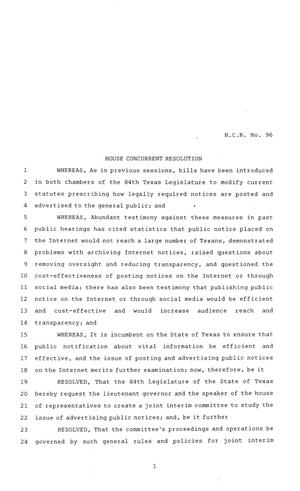 84th Texas Legislature, Regular Session, House Concurrent Resolution 96