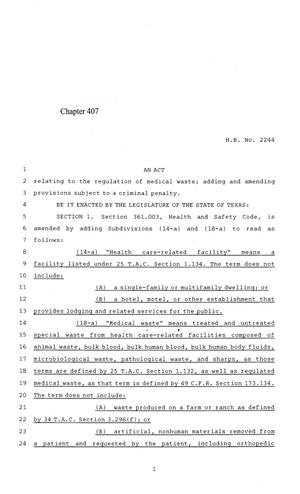 Primary view of object titled '84th Texas Legislature, Regular Session, House Bill 2244, Chapter 407'.