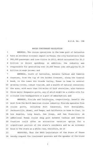 84th Texas Legislature, Regular Session, House Concurrent Resolution 108