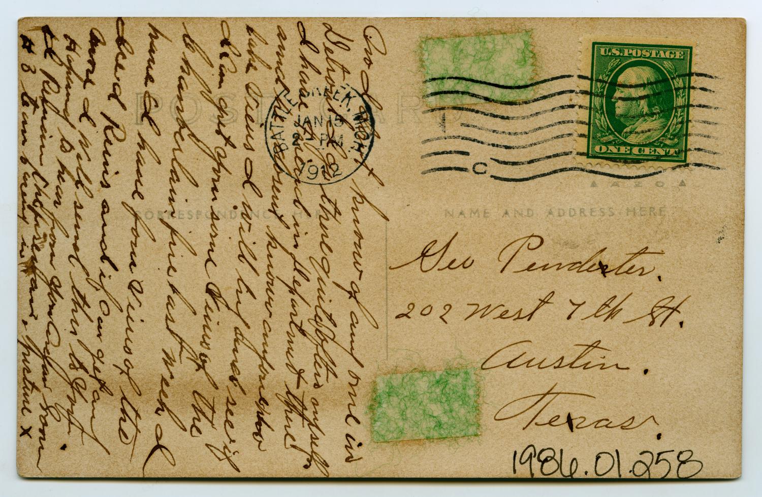 [Postcard from W. B. Johnston to George Pendexter, January 15, 1912]
                                                
                                                    [Sequence #]: 2 of 2
                                                
