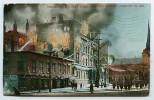 Primary view of object titled '[Postcard of a Fire at Portland City Hall]'.