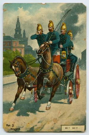 [Postcard of Fire Fighters Driving to a Fire]