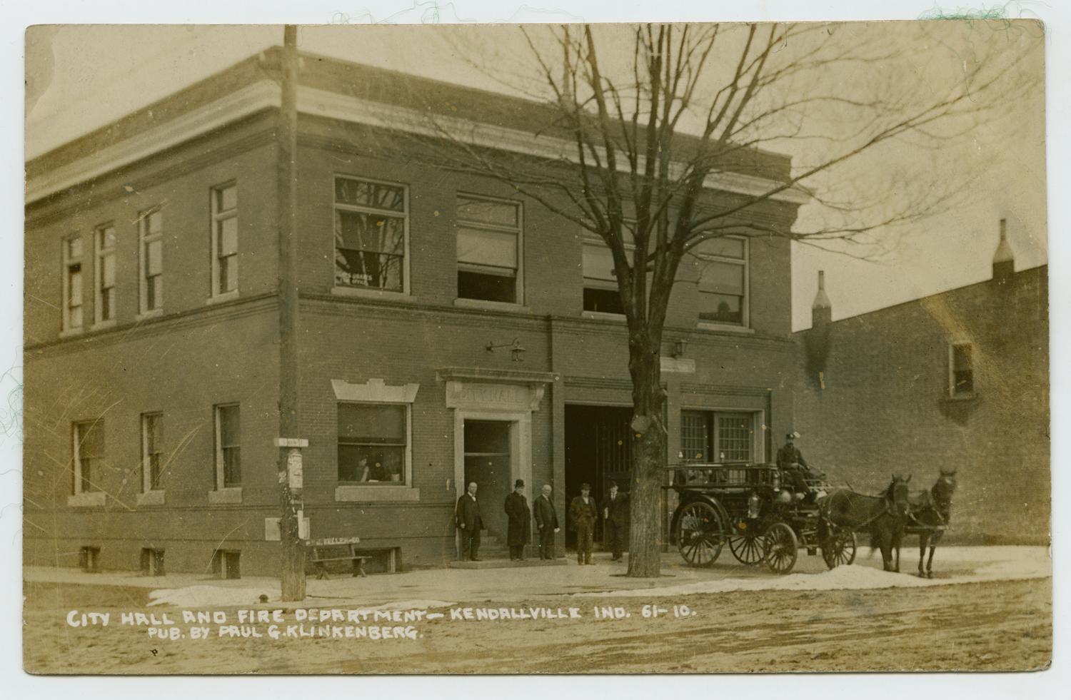 [Postcard to George Pendexter Showing Kendallville, Indiana Fire Department and City Hall]
                                                
                                                    [Sequence #]: 1 of 2
                                                