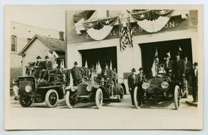 [Postcard with a Photograph of Three Fire Trucks with Patriotic Decorations]