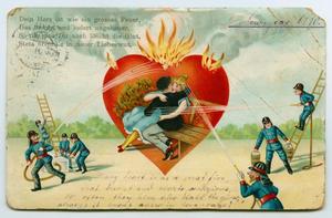 Primary view of object titled '[Postcard of a Couple and Firemen]'.