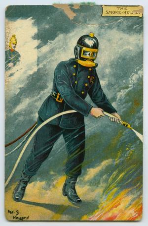 Primary view of object titled '[Postcard of a Fire Fighter Extinguishing a Fire]'.
