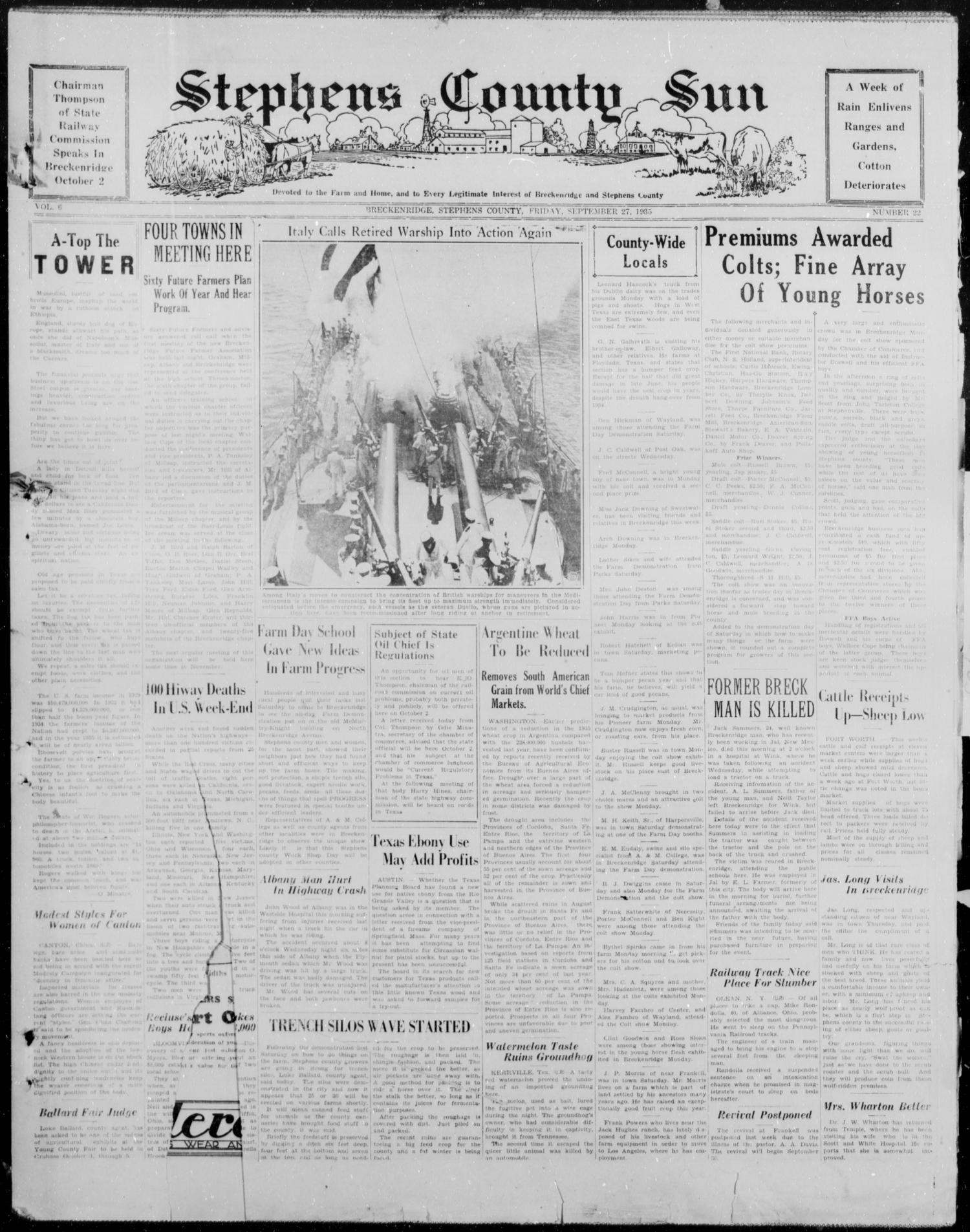 Stephens County Sun (Breckenridge, Tex.), Vol. 6, No. 22, Ed. 1, Friday, September 27, 1935
                                                
                                                    [Sequence #]: 1 of 8
                                                