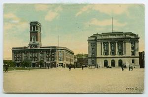 Primary view of object titled '[Postcard of a Fire Station and Post Office in Providence, Rhode Island]'.