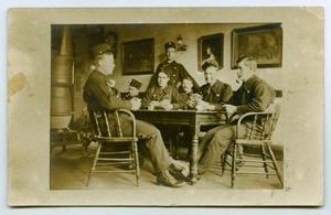 Primary view of object titled '[Postcard of Fire Fighters Playing Cards]'.