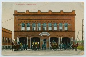 Primary view of object titled '[Postcard of Lansing Central Fire Station, Michigan]'.