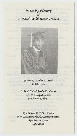 [Funeral Program for AnDree' LaVal Adair Francis, October 10, 1992]