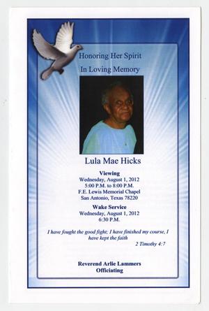 [Funeral Program for Lula Mae Hicks, August 1, 2012]