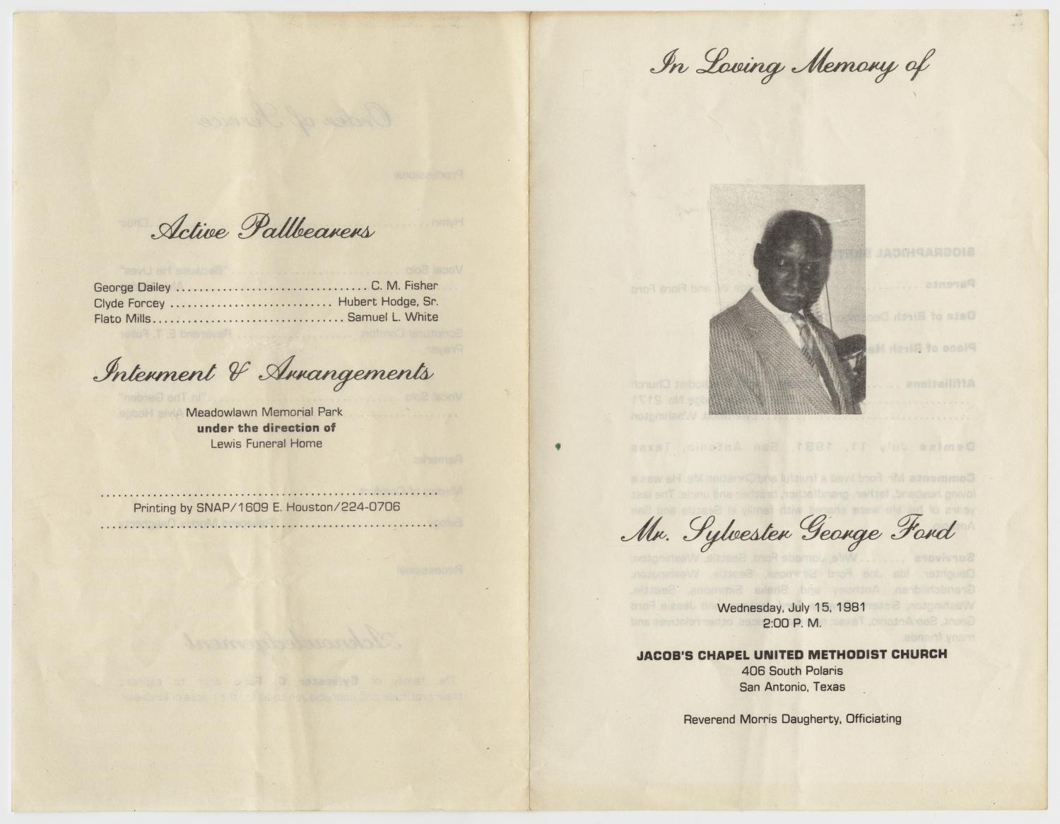 [Funeral Program for Sylvester George Ford, July 15, 1981]
                                                
                                                    [Sequence #]: 3 of 3
                                                
