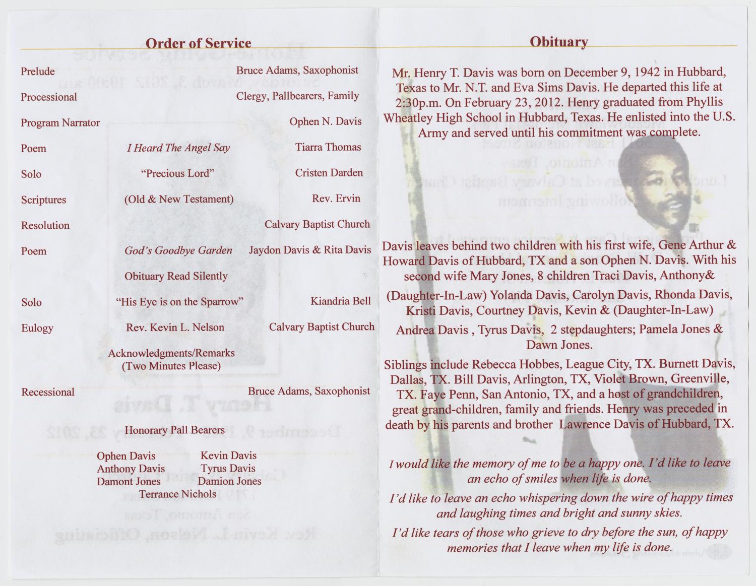 [Funeral Program for Henry T. Davis, March 3, 2012]
                                                
                                                    [Sequence #]: 2 of 3
                                                
