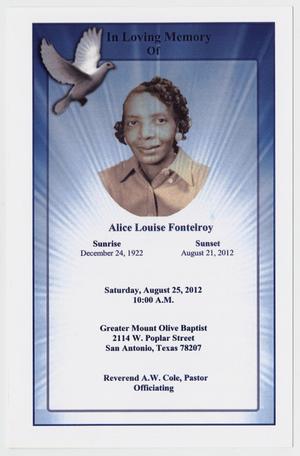 Primary view of object titled '[Funeral Program for Alice Louise Fontelroy, August 25, 2012]'.