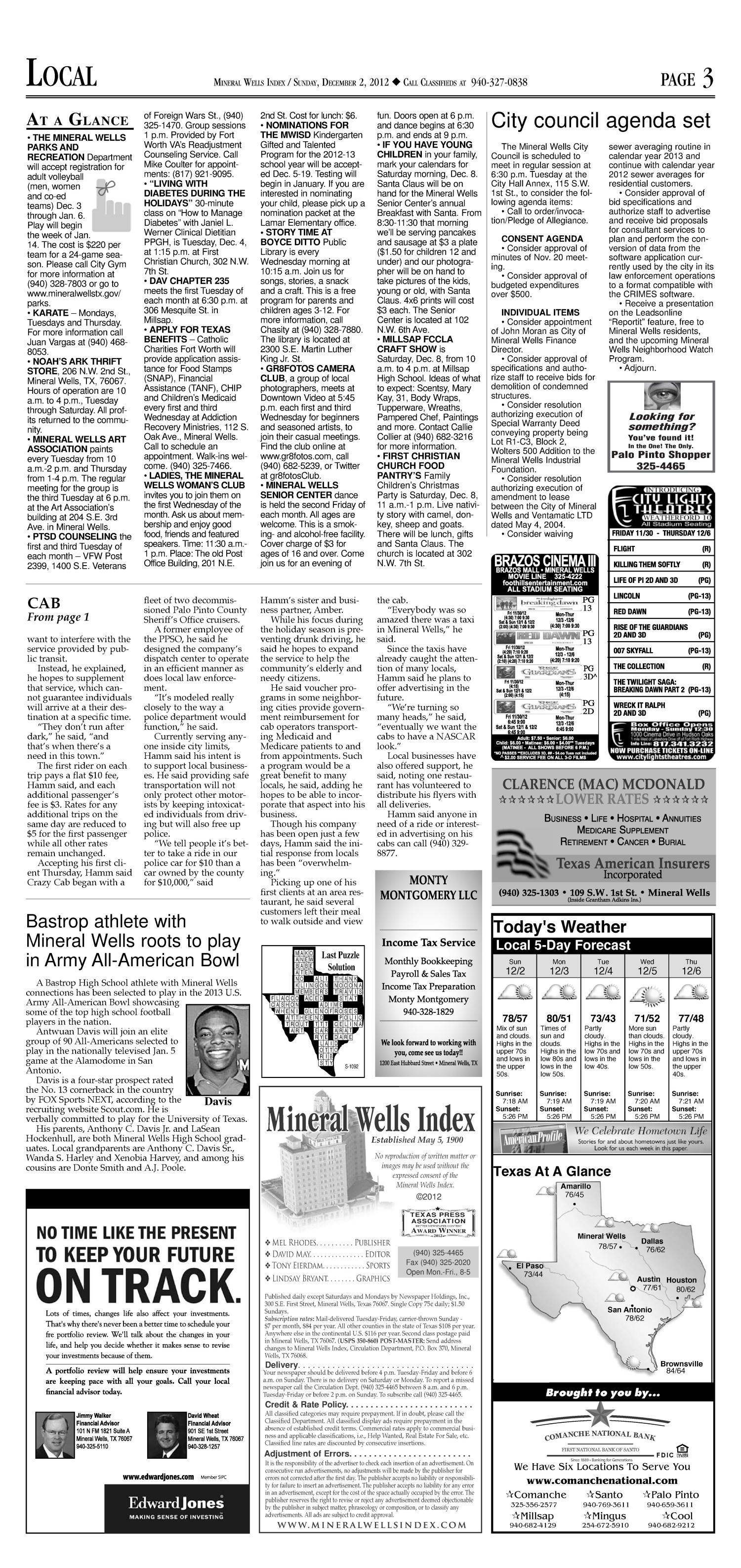 Mineral Wells Index (Mineral Wells, Tex.), Vol. 113, No. 149, Ed. 1 Sunday, December 2, 2012
                                                
                                                    [Sequence #]: 3 of 16
                                                