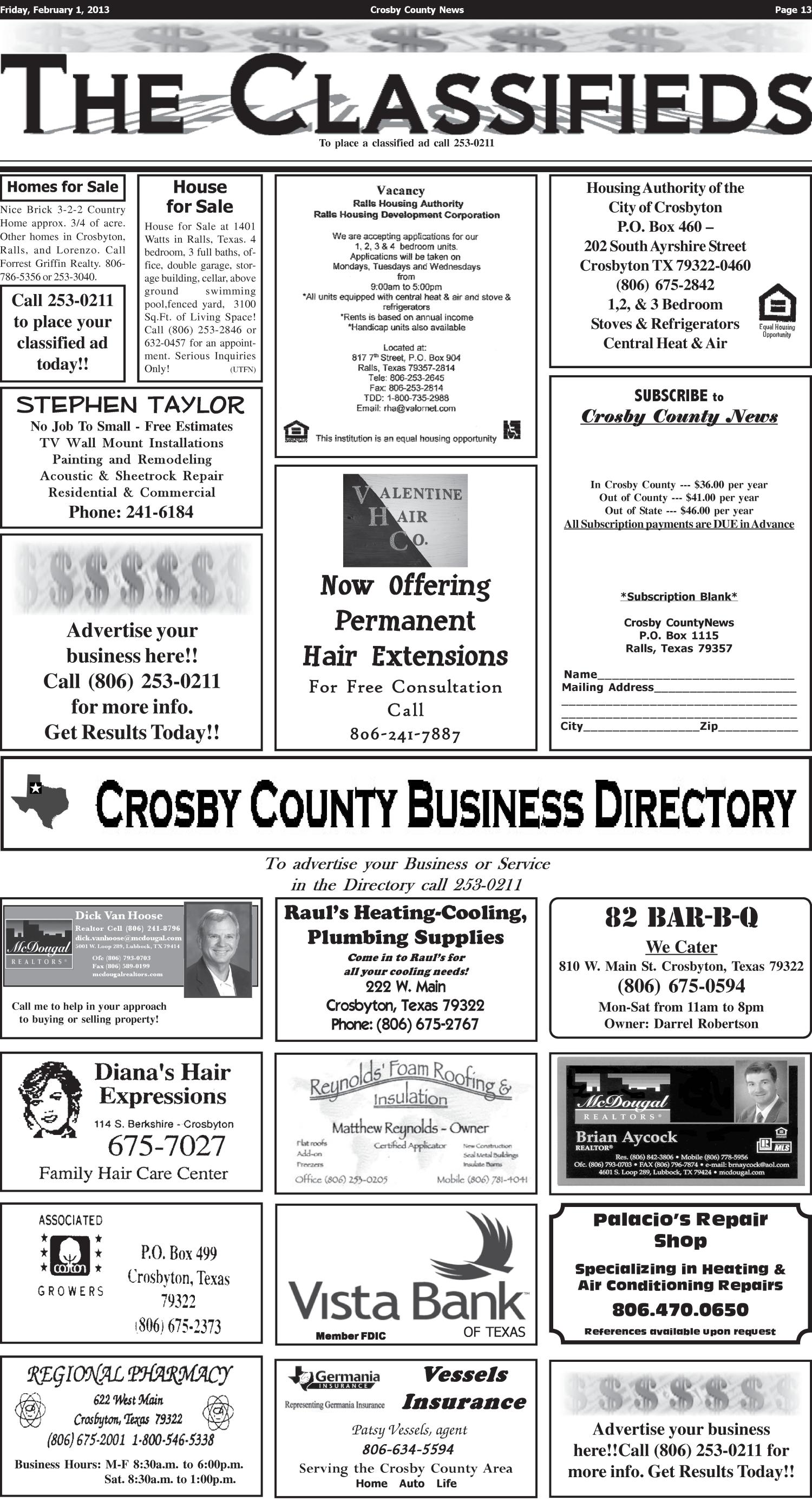 Crosby County News (Ralls, Tex.), Vol. 126, No. 5, Ed. 1 Friday, February 1, 2013
                                                
                                                    [Sequence #]: 13 of 14
                                                