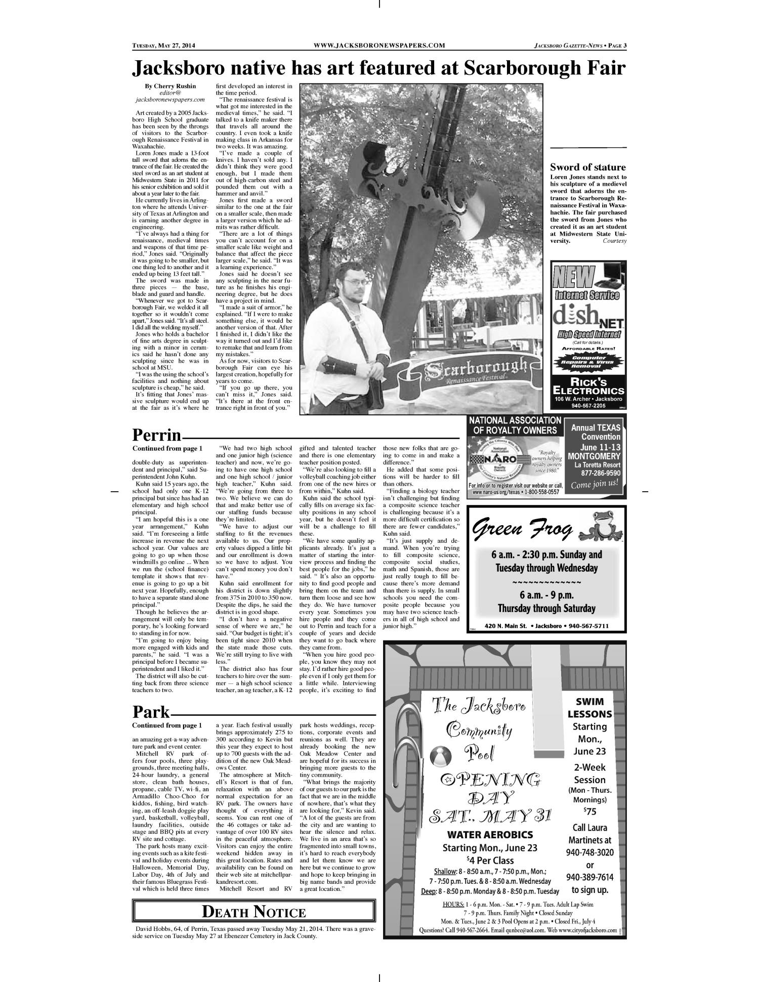 Jacksboro Gazette-News (Jacksboro, Tex.), Vol. 134, No. 49, Ed. 1 Tuesday, May 27, 2014
                                                
                                                    [Sequence #]: 3 of 10
                                                