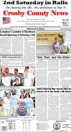 Crosby County News (Ralls, Tex.), Vol. 126, No. 27, Ed. 1 Friday, July 12, 2013