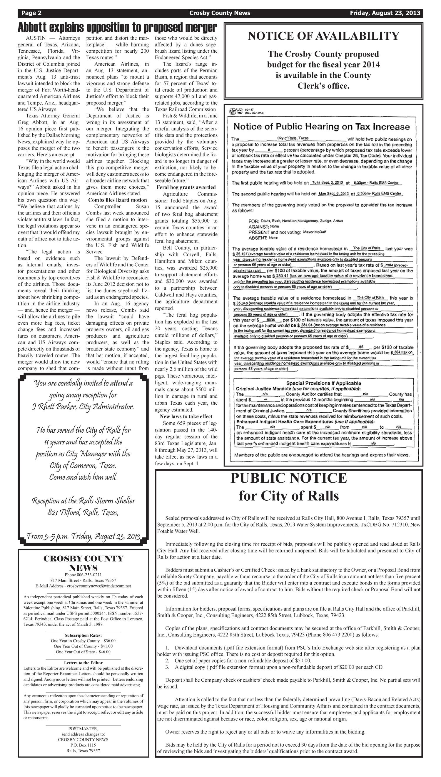 Crosby County News (Ralls, Tex.), Vol. 126, No. 33, Ed. 1 Friday, August 23, 2013
                                                
                                                    [Sequence #]: 2 of 16
                                                