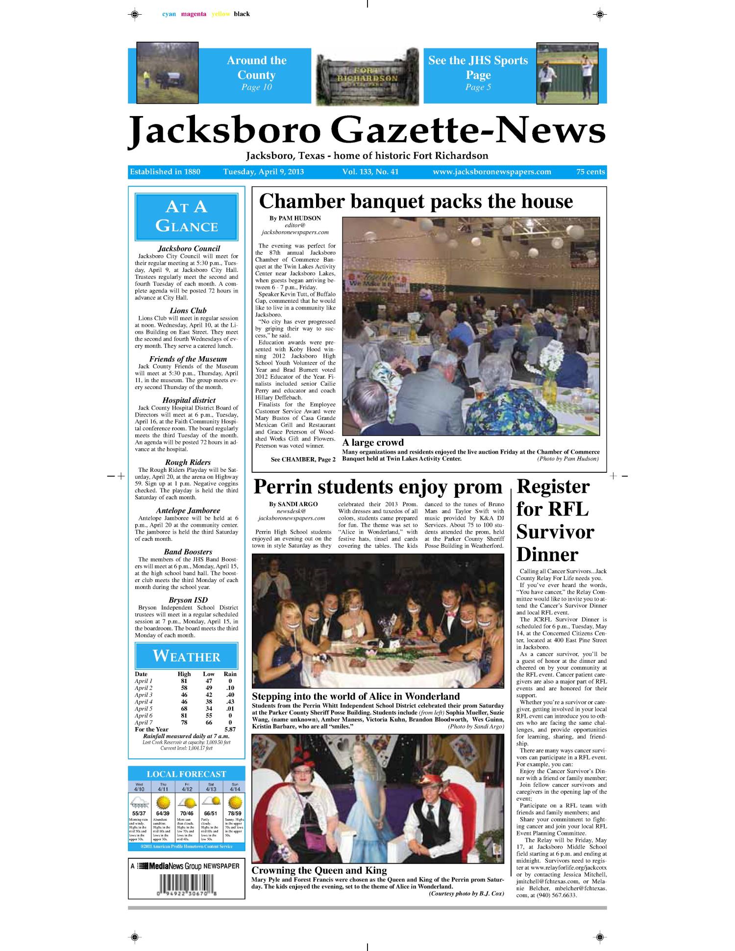 Jacksboro Gazette-News (Jacksboro, Tex.), Vol. 133, No. 41, Ed. 1 Tuesday, April 9, 2013
                                                
                                                    [Sequence #]: 1 of 10
                                                