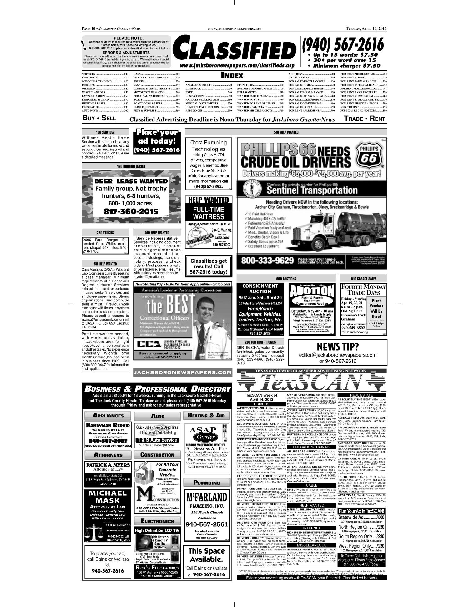 Jacksboro Gazette-News (Jacksboro, Tex.), Vol. 133, No. 42, Ed. 1 Tuesday, April 16, 2013
                                                
                                                    [Sequence #]: 10 of 12
                                                