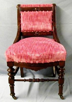 Primary view of object titled '[Mauve pink dining chair, armless]'.