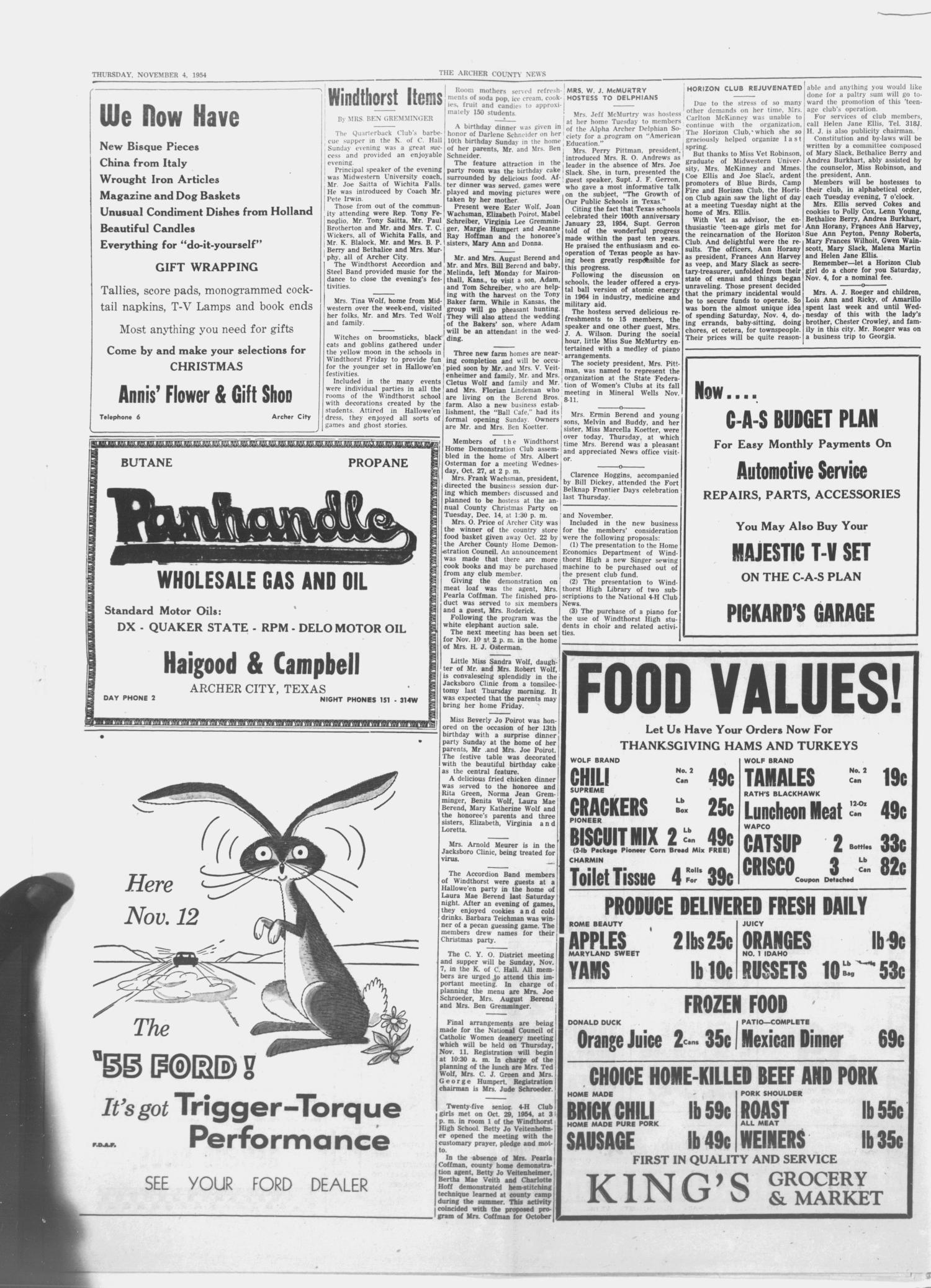 The Archer County News (Archer City, Tex.), Vol. 40, No. 46, Ed. 1 Thursday, November 4, 1954
                                                
                                                    [Sequence #]: 4 of 10
                                                