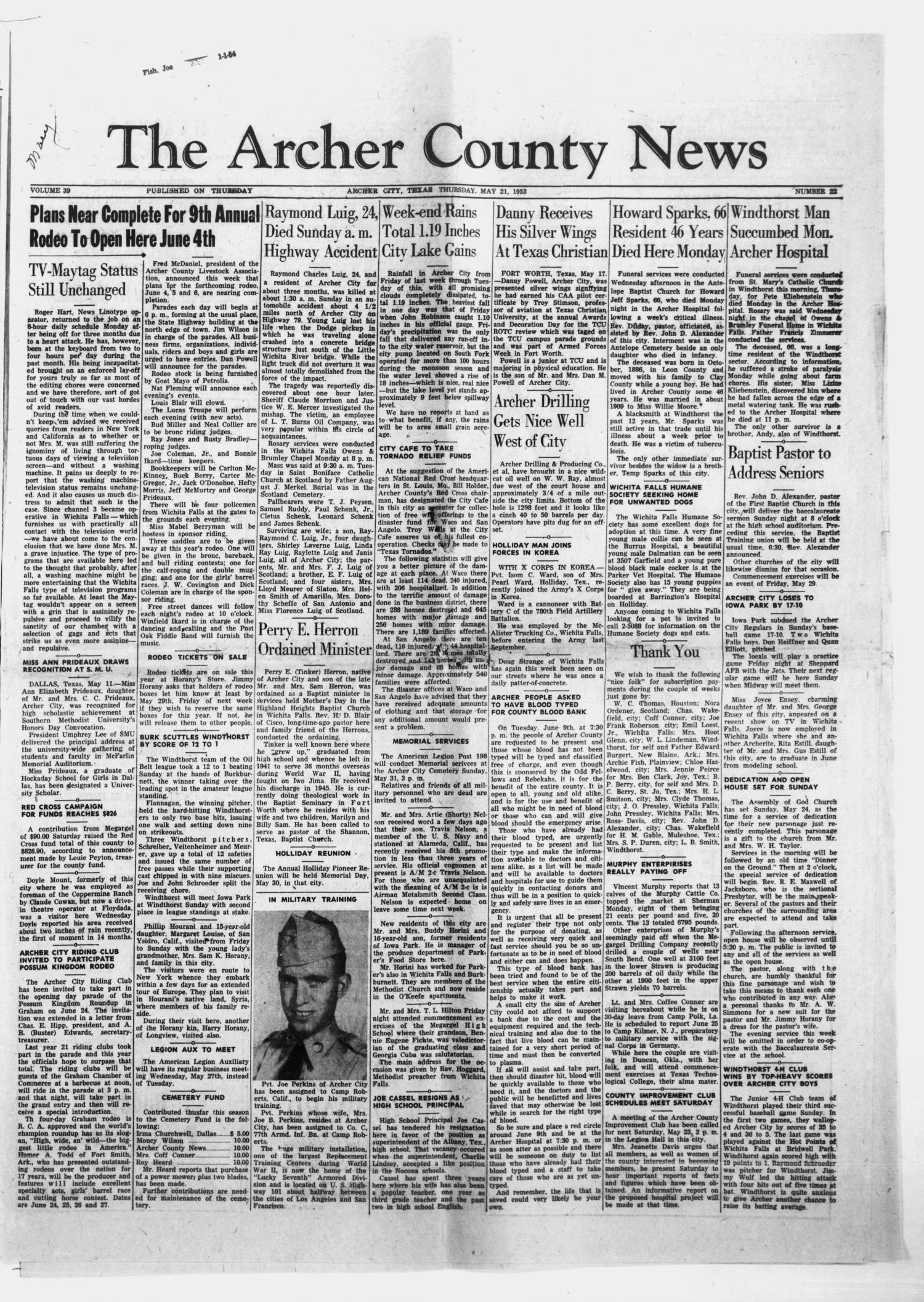 The Archer County News (Archer City, Tex.), Vol. 39, No. 22, Ed. 1 Thursday, May 21, 1953
                                                
                                                    [Sequence #]: 1 of 8
                                                