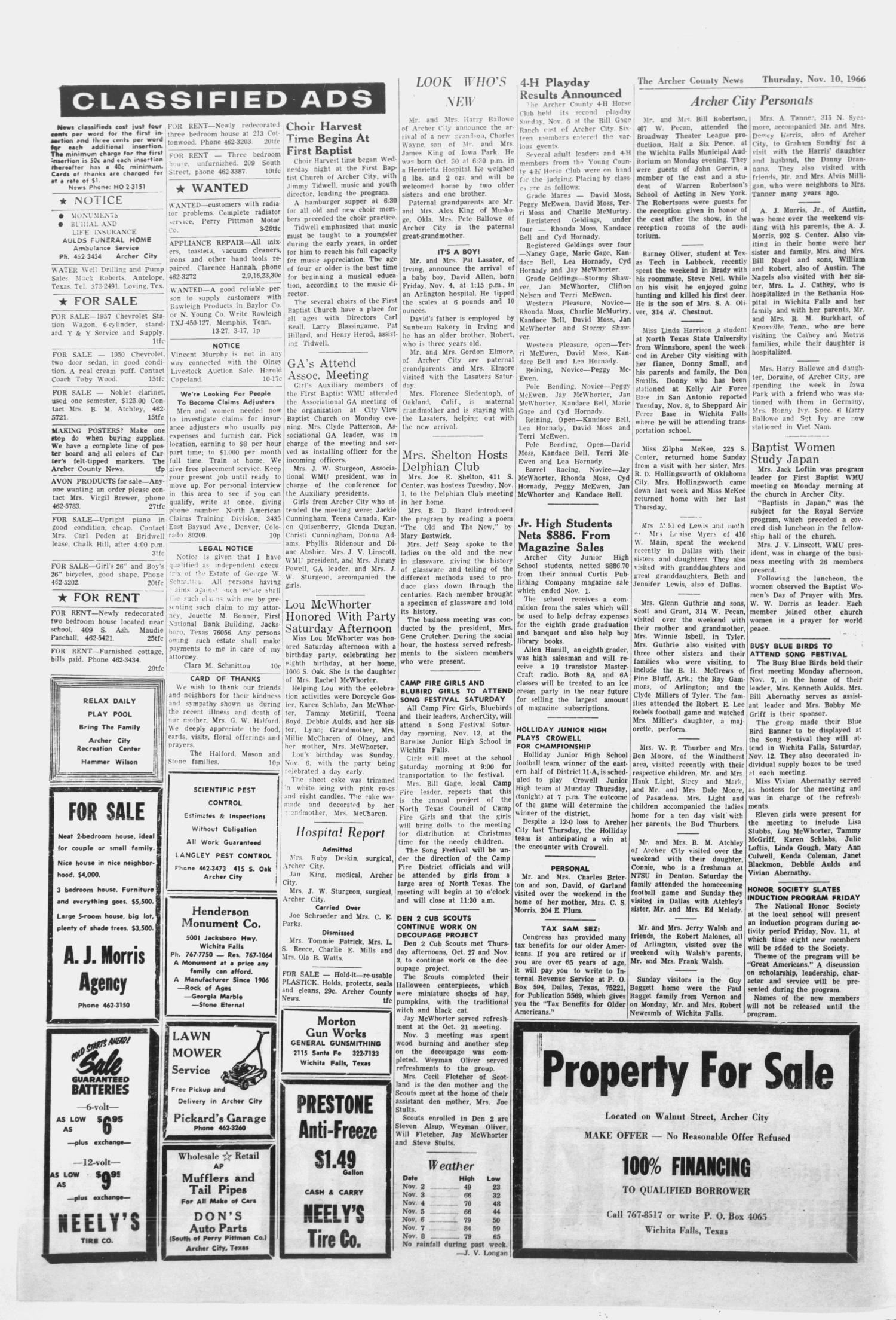 The Archer County News (Archer City, Tex.), Vol. 52, No. 45, Ed. 1 Thursday, November 10, 1966
                                                
                                                    [Sequence #]: 4 of 8
                                                