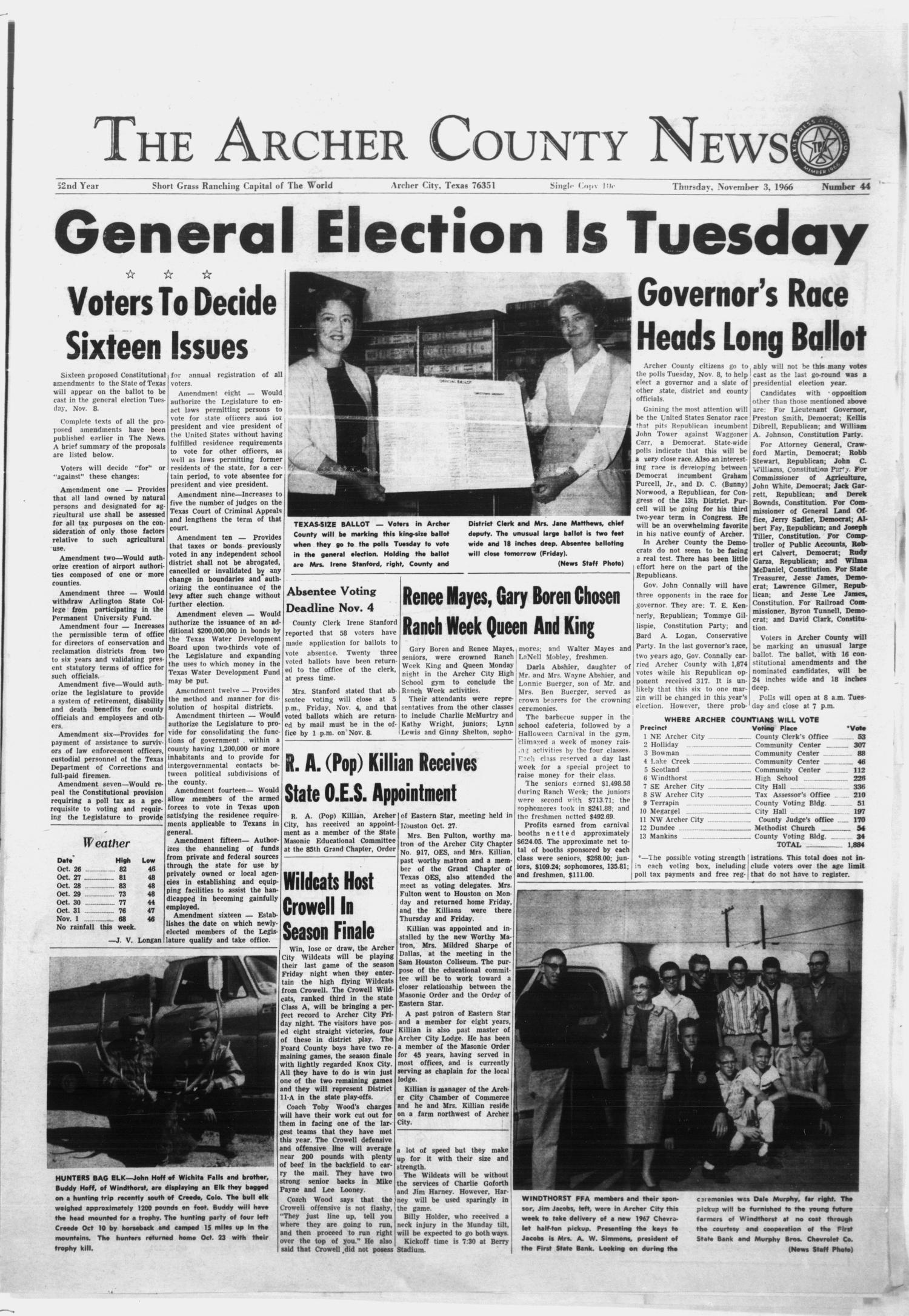 The Archer County News (Archer City, Tex.), Vol. 52, No. 44, Ed. 1 Thursday, November 3, 1966
                                                
                                                    [Sequence #]: 1 of 9
                                                