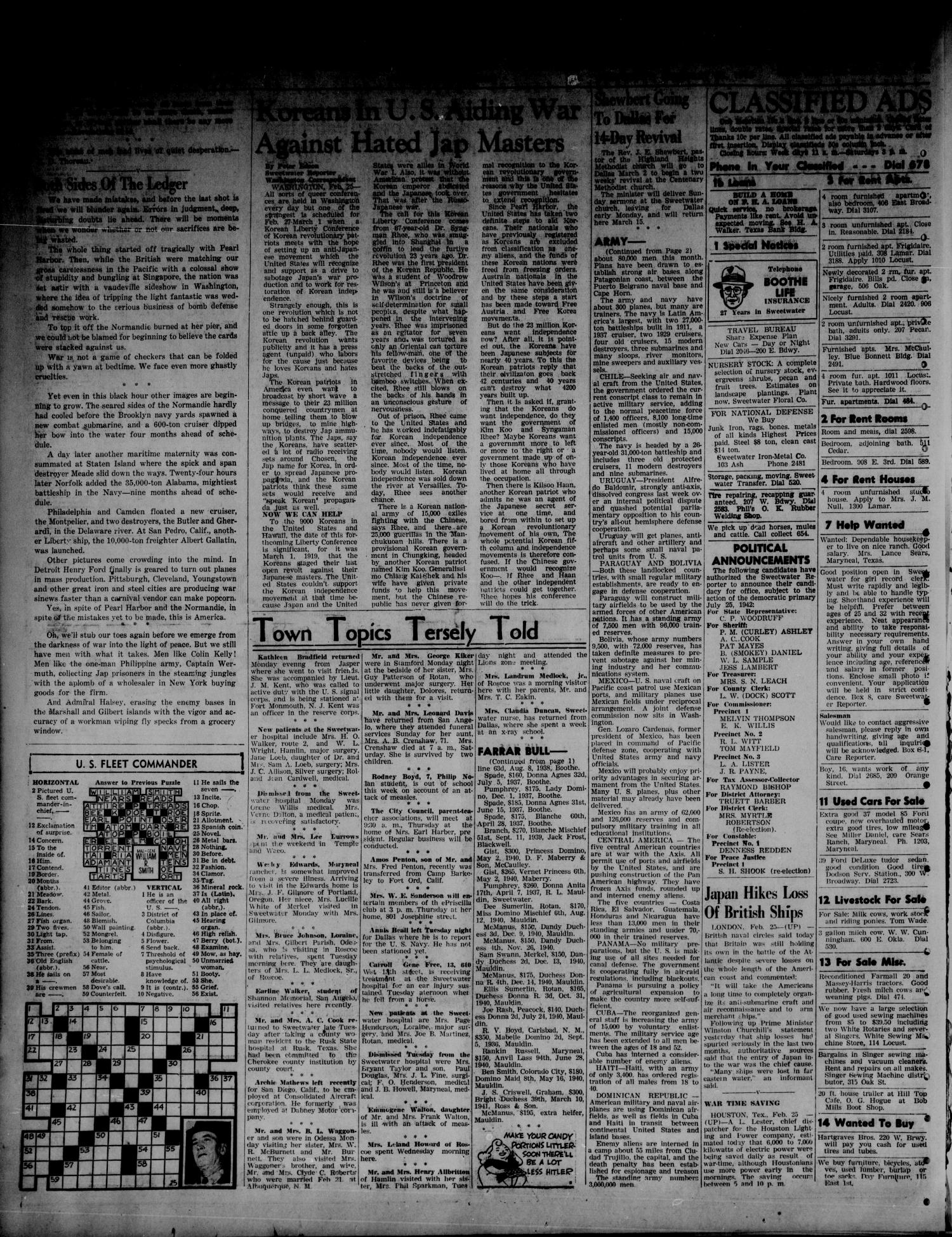Sweetwater Reporter (Sweetwater, Tex.), Vol. 45, No. 217, Ed. 1 Wednesday, February 25, 1942
                                                
                                                    [Sequence #]: 4 of 6
                                                