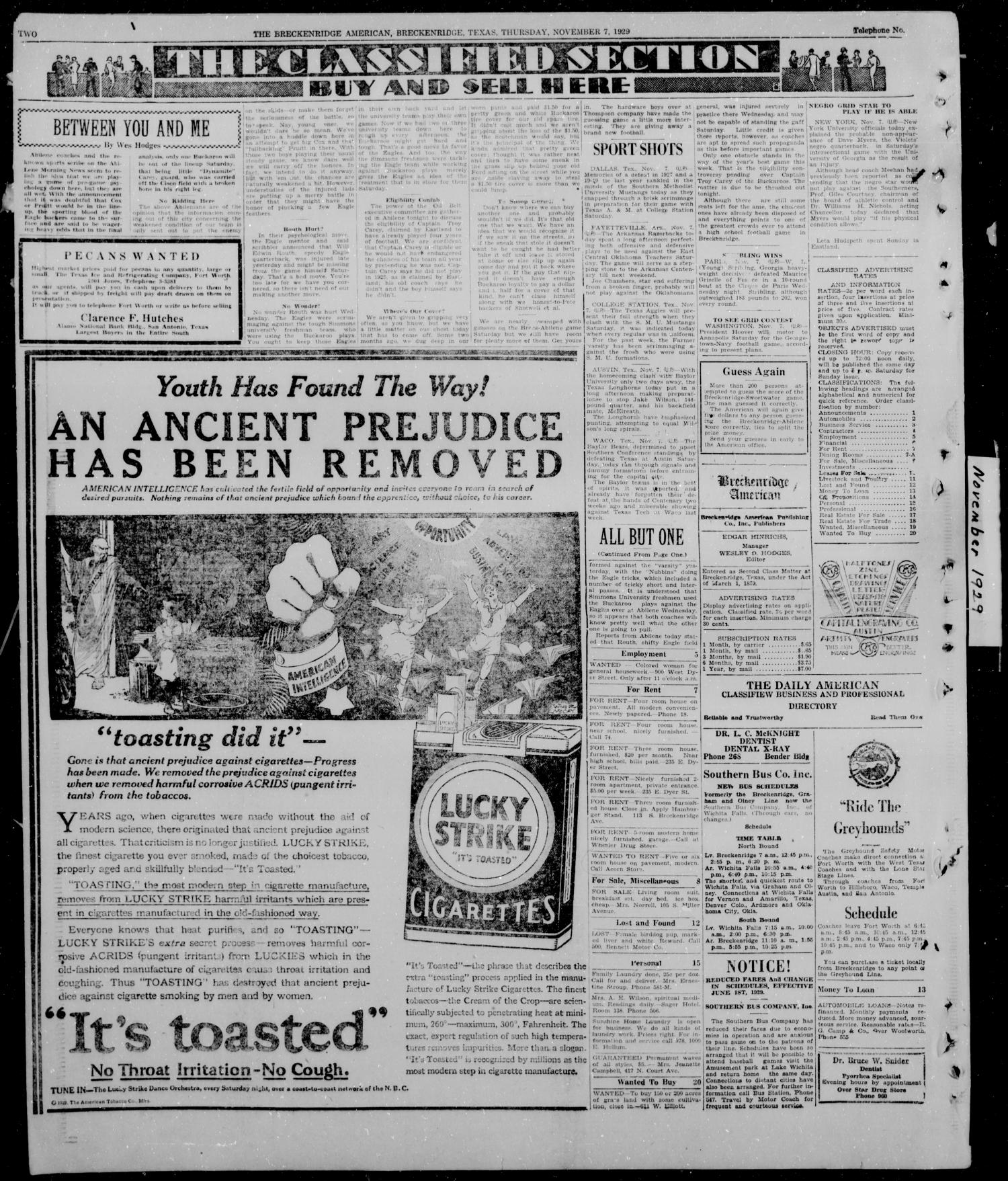 The Breckenridge American (Breckenridge, Tex.), Vol. 9, No. 295, Ed. 1, Thursday, November 7, 1929
                                                
                                                    [Sequence #]: 2 of 6
                                                