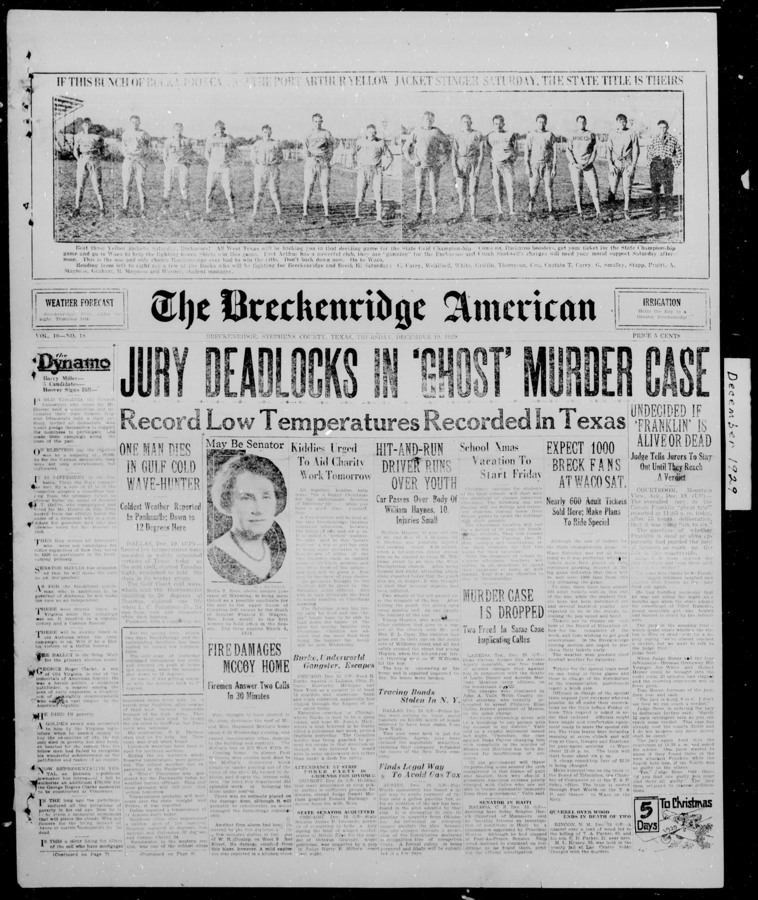 The Breckenridge American (Breckenridge, Tex.), Vol. 10, No. 18, Ed. 1, Thursday, December 19, 1929
                                                
                                                    [Sequence #]: 1 of 8
                                                