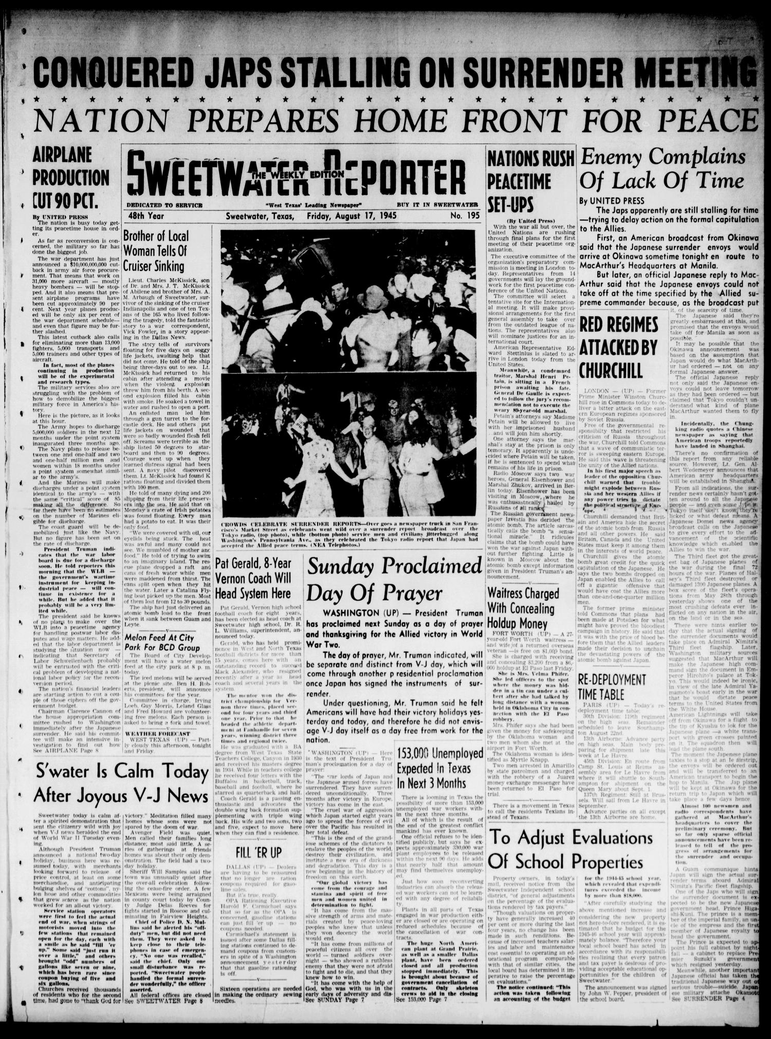 Sweetwater Reporter (Sweetwater, Tex.), Vol. 48, No. 195, Ed. 1 Friday, August 17, 1945
                                                
                                                    [Sequence #]: 1 of 16
                                                