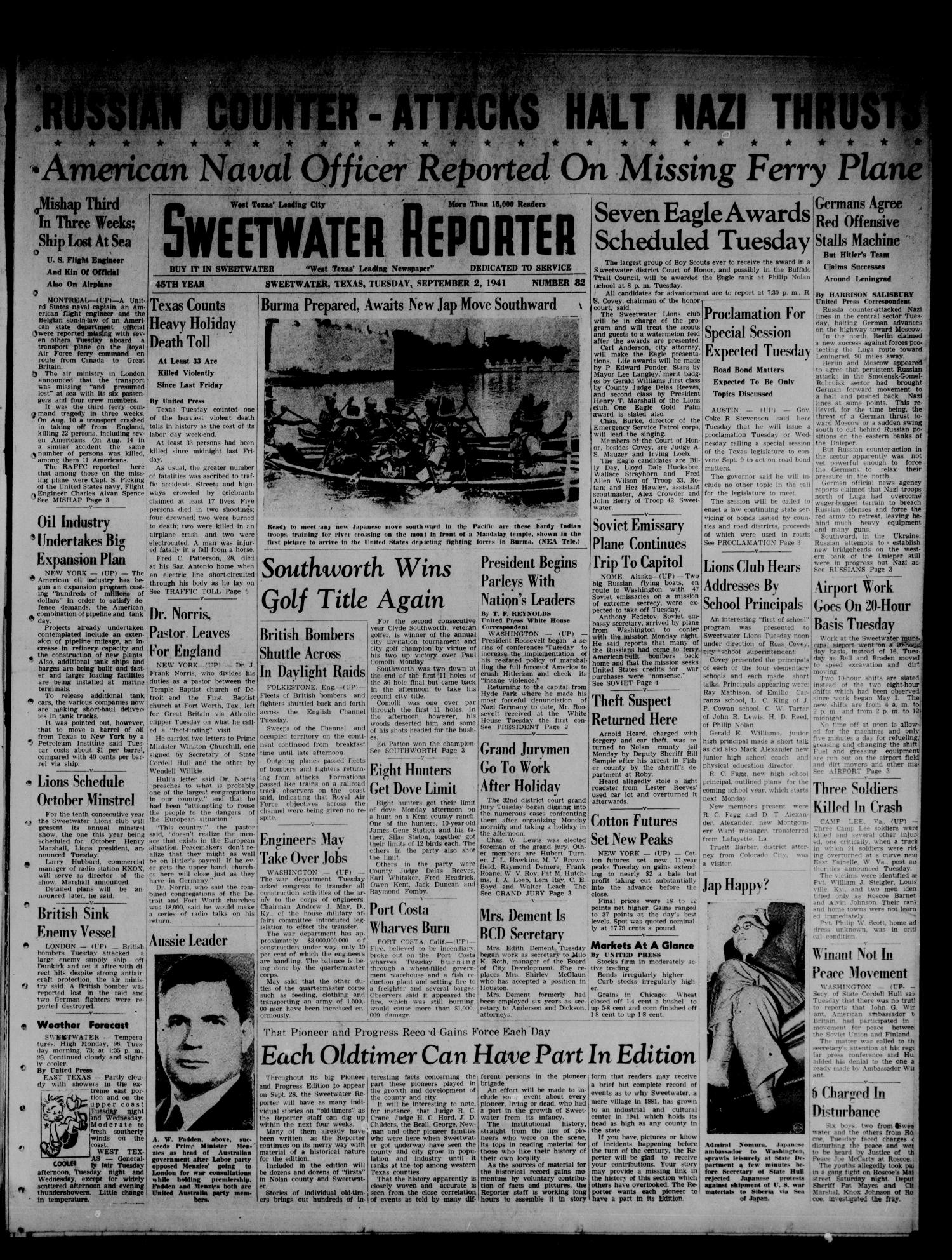 Sweetwater Reporter (Sweetwater, Tex.), Vol. 45, No. 82, Ed. 1 Tuesday, September 2, 1941
                                                
                                                    [Sequence #]: 1 of 6
                                                
