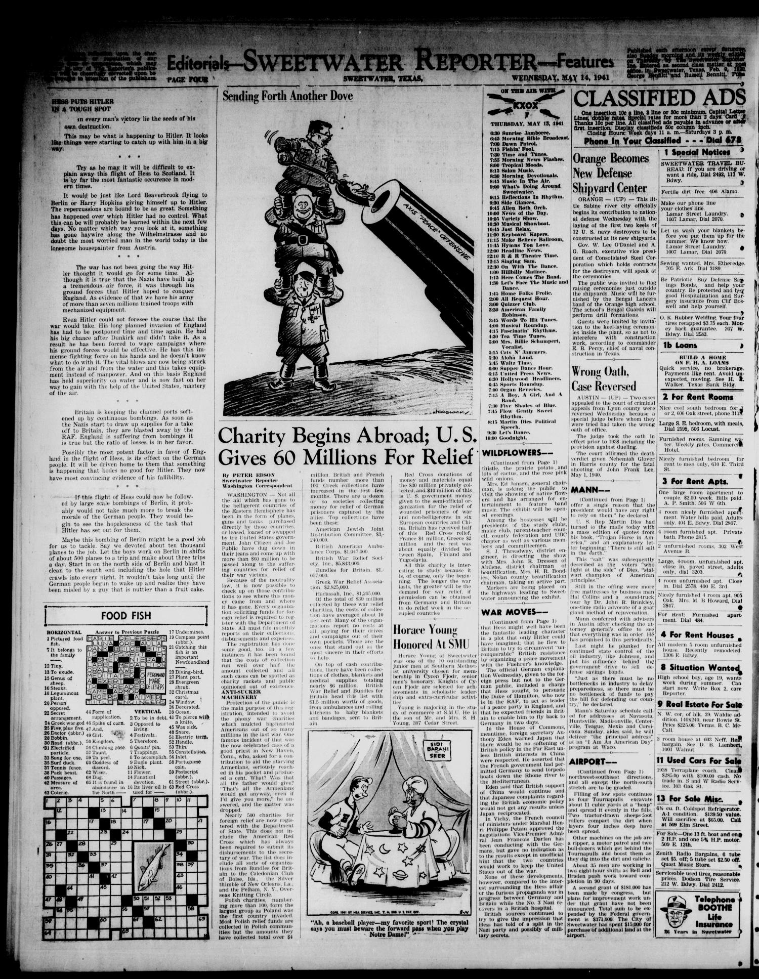 Sweetwater Reporter (Sweetwater, Tex.), Vol. 44, No. 321, Ed. 1 Wednesday, May 14, 1941
                                                
                                                    [Sequence #]: 4 of 6
                                                